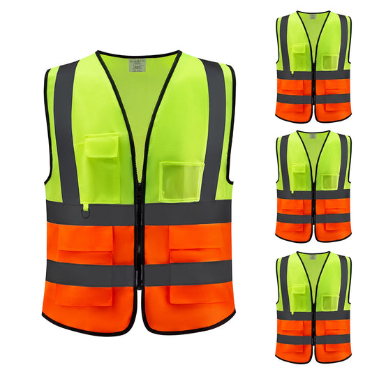 سترة أمان عالية الوضوح متعددة الجيوب - 4 قطع، 160غرام، متعددة الألوان - سترة عاكسة للعمل في مواقع البناء وأعمال الطرق