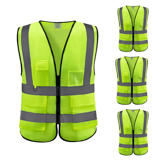 Multi-Pocket High Visibility Safety Vest - 4 Piece, 160g, Yellow - Reflective Work Vest for Construction and Roadwork