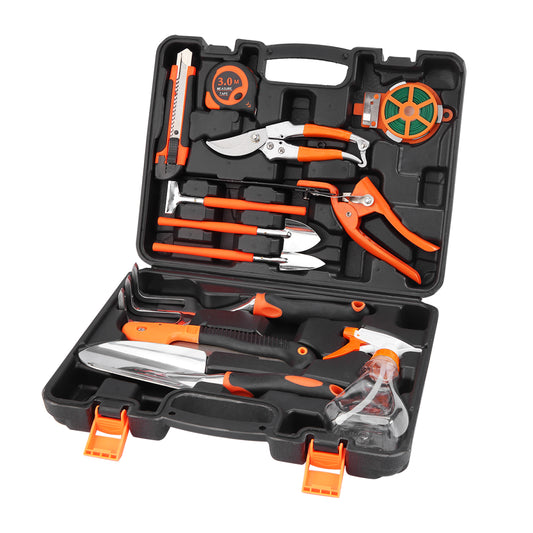 Garden Tool Set - 12 Piece - Hand Trowel, Fork, Rake, Pruners, Grass Shears, Measuring Tape, Spray Bottle & Storage Case for Gardening, Planting, & Lawn Care