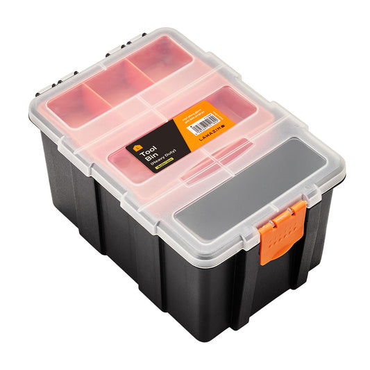Heavy Duty Tool Bin - 16x23x12cm - Large Plastic Storage Box with Removable Tray, Secure Lock, and Clear Lid - for Tools, Hardware, and Small Parts