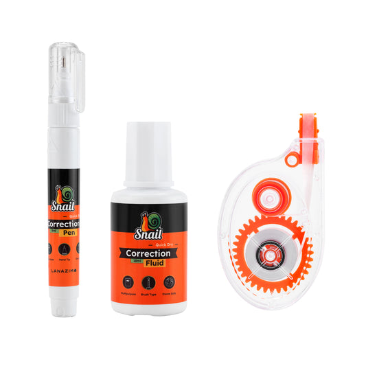 Snail Multipurpose Quick Dry Correction Set - Includes Correction Pen, Correction Fluid, and Correction Tape for Clean Paper Fixing in Office, School, and Home Use