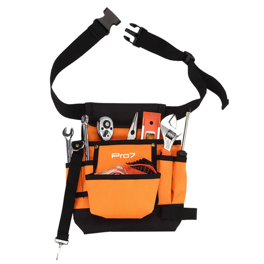 16inch Tool Belt Bag - Orange and Black - Multi-Pocket Waist Tool Organizer with Adjustable Belt and Accessory Hanging Strap for Construction, Repair and Maintenance