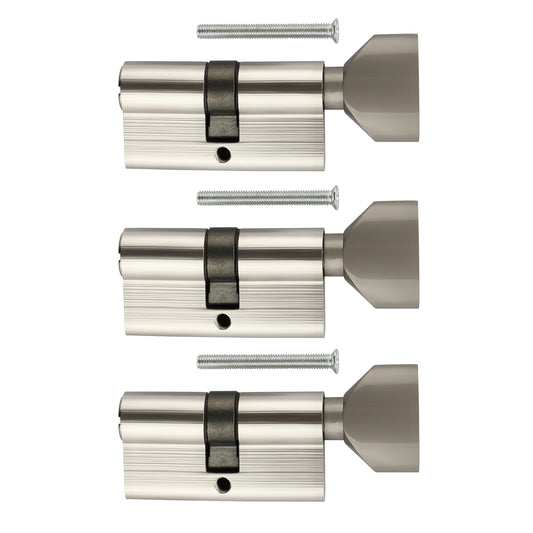 Thumbturn Cylinder Lock with Handle - Set of 3, 60mm Steel Keyless Euro Lock Replacement for Bathrooms, Offices, Warehouses