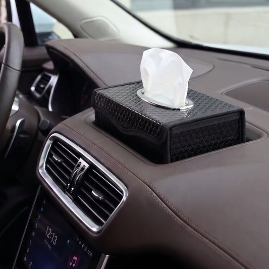 Car Tissue Box - Knitted Pattern, Rectangular Plastic Tissue Box Holder with Diamond Texture, Front-Loading Snap Cover, Oval Silver-Trim Opening for Car, Home, Office, and Travel Use (Black)