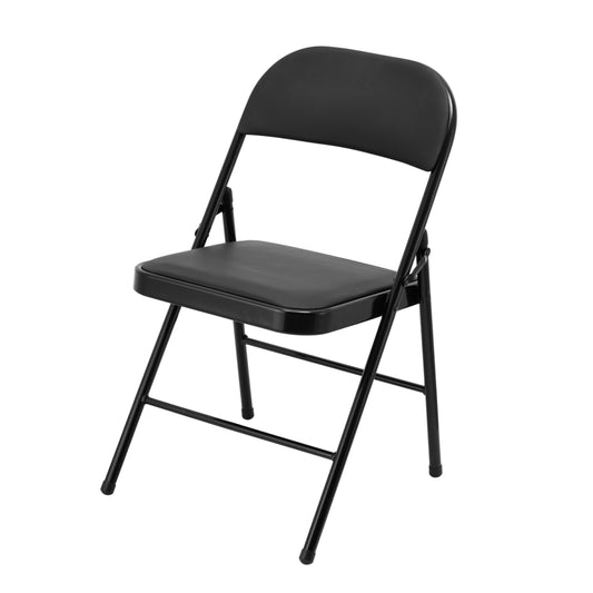 Padded Folding Chair - Black, 45x46x80cm - Folding Chair with Padded Faux Leather Seat, Double-Braced Iron Frame, Double-Hinged Joints, Anti-Slip Caps -Ideal for Home, Office, Meetings, Events