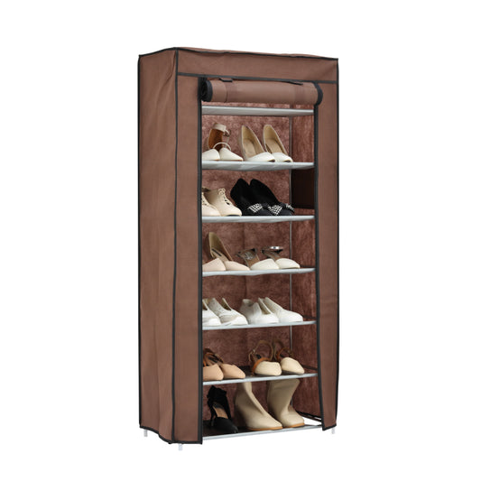 7-Tier Shoe Rack with Non-Woven Fabric Dust Cover - 60x30x126cm Coffee Brown - Free Standing Multipurpose Shoe Organizer Cabinet, Easy-to-Assemble Storage Rack for Entryway, Closet & Apartment