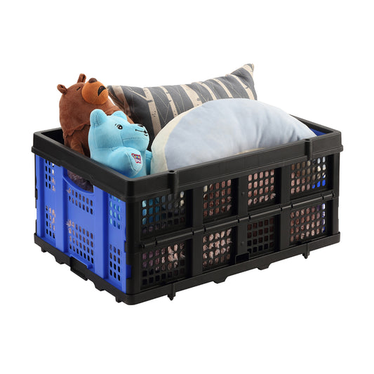 Foldable Basket - 56x40x26CM Blue and Black - Collapsible Plastic Storage Crate with Stackable Ventilated Design, 20kg Capacity, and Ergonomic Handles - for Home, Car, Garage, and Office Use