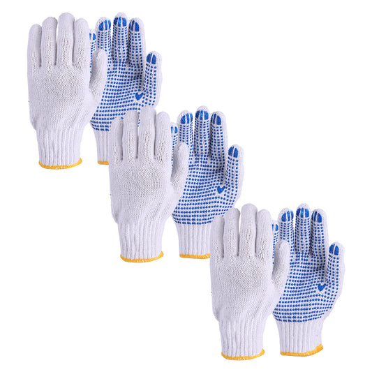 Cotton with Rubber Grip Glove - 3 Pairs - Breathable Knit Work Gloves with Non-Slip Dotted Palm - for Construction, Gardening, Warehouse, and DIY Use