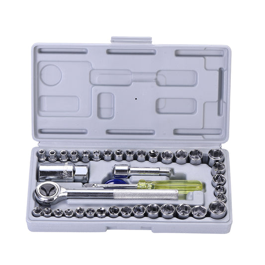 Combination Socket Wrench Set - 40 Piece Small - Ratchet Handle with Sockets, Extension Bar & Screwdriver for Car Repair, Garage, Home Maintenance, and DIY