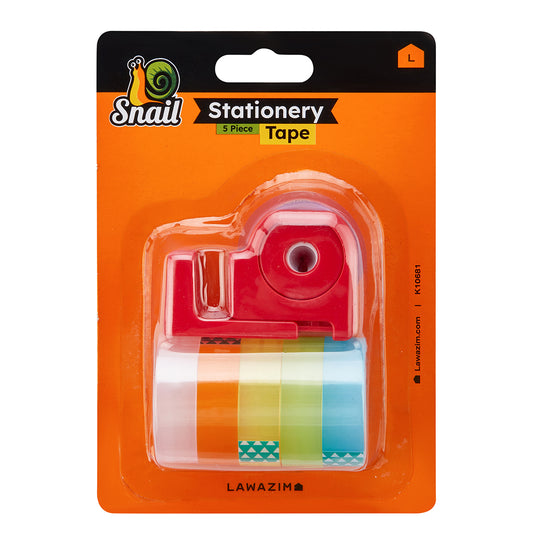 Snail Stationery Color Tape - 5 Piece - Transparent Decorative Adhesive Tapes with Dispenser - for Wrapping, Arts, Crafts, and Everyday Use