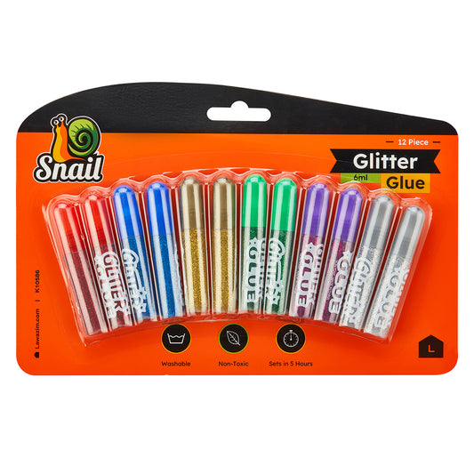 Snail Glitter Glue - 12 Piece 6ml - Washable, Non-Toxic Craft Adhesive with Glitter Effect for School, DIY, Card Making, and Art Projects