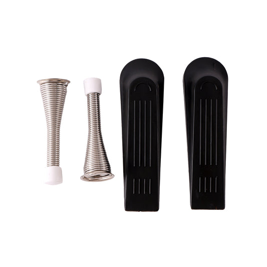 Plastic Door Stopper Set - 4 Piece - Non-Slip Wedge Door Holders with Flexible Spring Stoppers, Fits Standard and Wide Gaps - for Home, Office, and Classroom Use