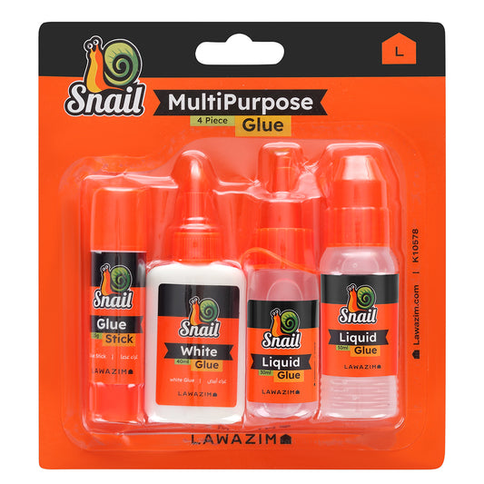 Snail Glue Stick 15g & White Glue 40ml & Liquid Glue 50ml & Liquid Glue 30ml - 4 Piece - School and Office Glue Set for Crafts, Paper, and Stationery Use