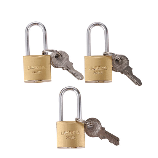 Brass Padlock - 3 Piece 20mm - Small Security Locks with Keys and Anti-Corrosion Brass Body - for Luggage, Bags, Lockers, and Travel Use