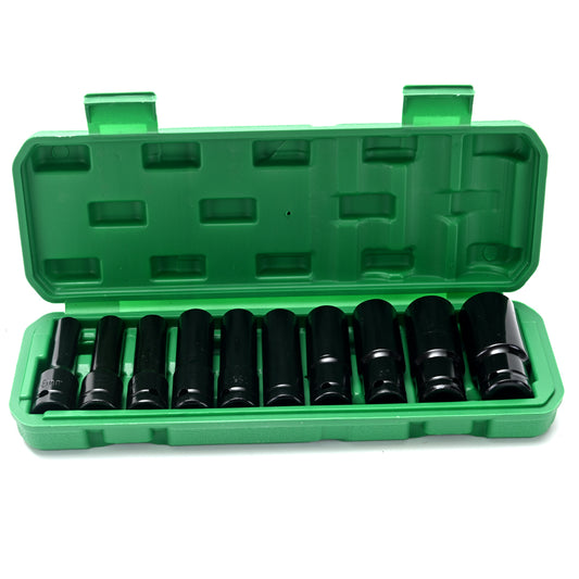 10-Piece 1/2inch Drive Deep Impact Socket Set - 8-24mm Metric 6-Point Durable Cr-V Steel Deep Sockets with Plastic Storage Box for Impact Wrench, Lug Nuts, Automotive Repair, Garage & Workshop