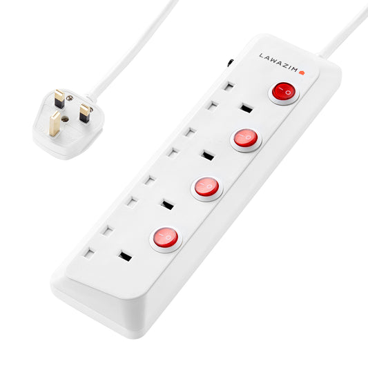 4-Way Extension Cable with Individual Port On/Off Switch - Power Strip for Home, Office, & Indoor Use