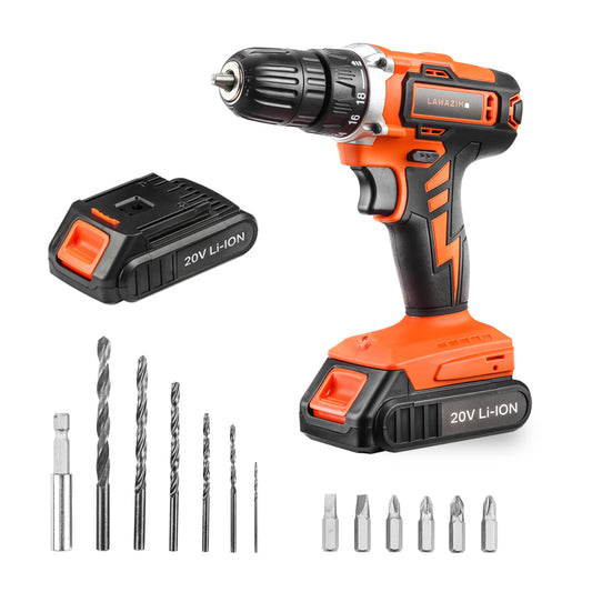 Cordless Drill 20V 10mm with 2 Batteries and Accessories - Keyless Chuck, 18 Torque Settings, and LED Worklight - for Wood, Metal, and DIY Projects