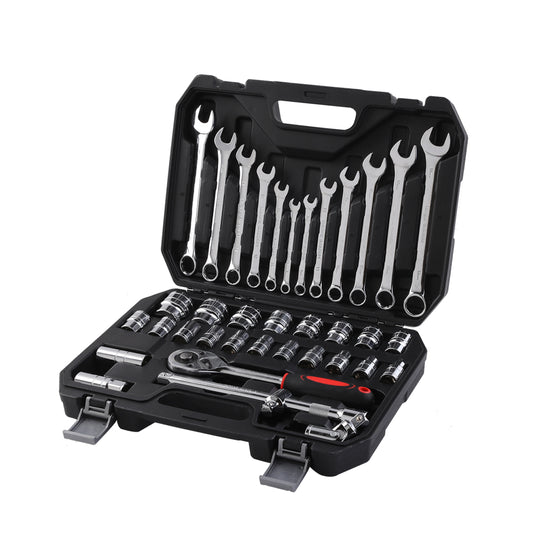 Tools Set with Carry Case - 37 Piece - Socket and Wrench Kit with Ratchet Handle & Hex Sockets for Car, Garage & Home Use