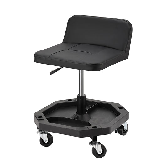 Mechanic Stool with Tool Tray Storage and Back Support - Padded Rolling Creeper Seat for Garage, Workshop, and Automotive Use