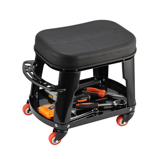 Garage Mechanic Stool with Storage Tray and Tool Rack - Rolling Garage Work Seat for Car Detailing, Repairs, and Workshop Use