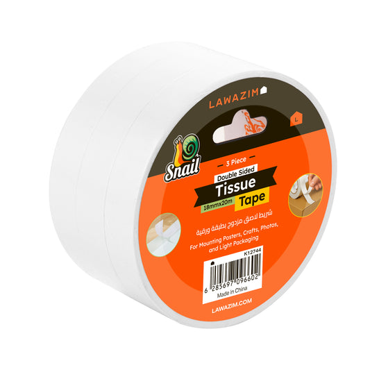Snail 3 Pack Double Sided Tissue Tape - 18mmx20m - Thin Paper Mounting Tape, Double Sided Adhesive for Crafts, Office, School Projects, Photos, Posters, and Light Packaging