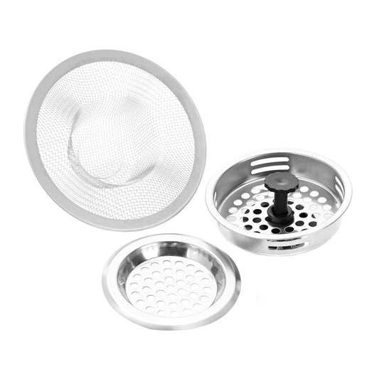 3 Piece Sink Strainer Set - Stainless Steel Anti-Clogging Mesh and Basket Drain Strainers with Deep Basket and Plug for Kitchen Sink Food Waste and Debris