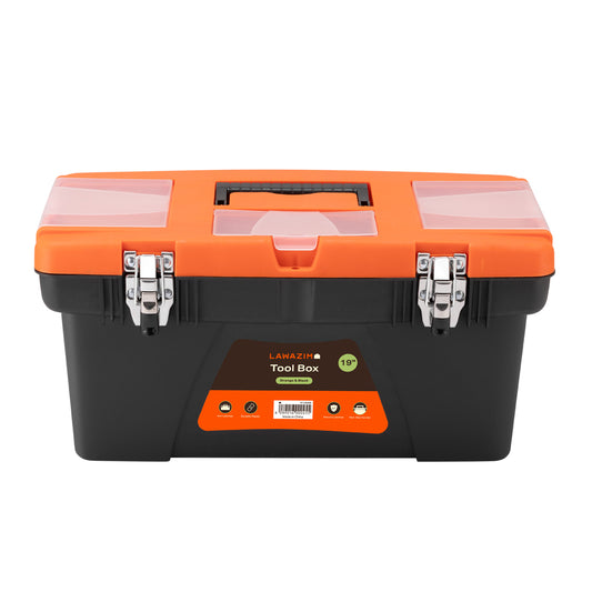 Orange and Black Toolbox with Iron Latches - 19inch Durable Plastic Tool Box, Tool Organizer with Removable Tray, Carrying Handle & Top-Lid Storage for Home Repair DIY, Garage, Workshop Tools
