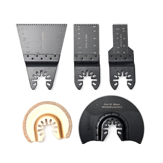 5-Piece Oscillating Multi-Tool Blade Accessory Set - HCS Japanese Tooth & Carbide Grit & Flush Cut Blades, Grout Saw Blades with Universal Quick Release for Wood, Metal, Plastic, Drywall