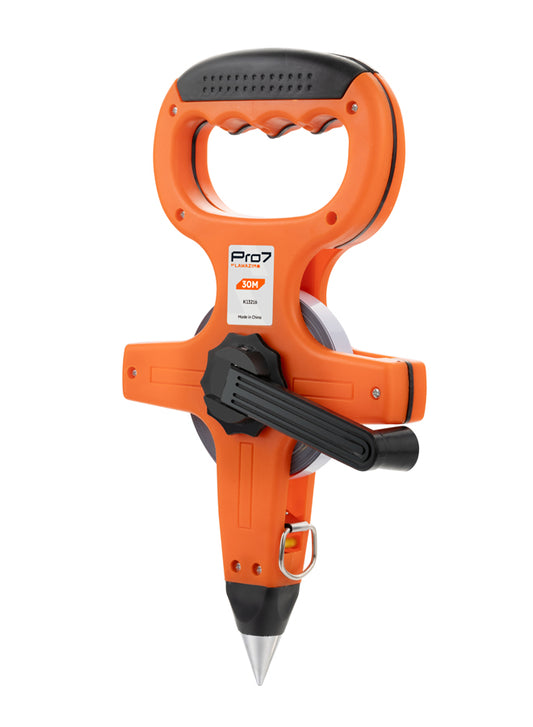 Steel Open Reel Tape Measure - Retractable Reel Long Measuring Tape with Single-Sided Meters Measurment, Ground Spike, and Comfortable Grip for Engineer, Athletic Field, and Outdoor