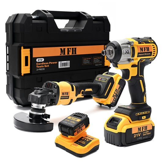 2-Piece 21V Cordless Power Tool Set - 115mm Angle Grinder 10000-12000 RPM - Impact Wrench 0-2600 RPM - Brushless Motors Cordless Combo Kit for Metal Work, Tire Repair & Maintenance