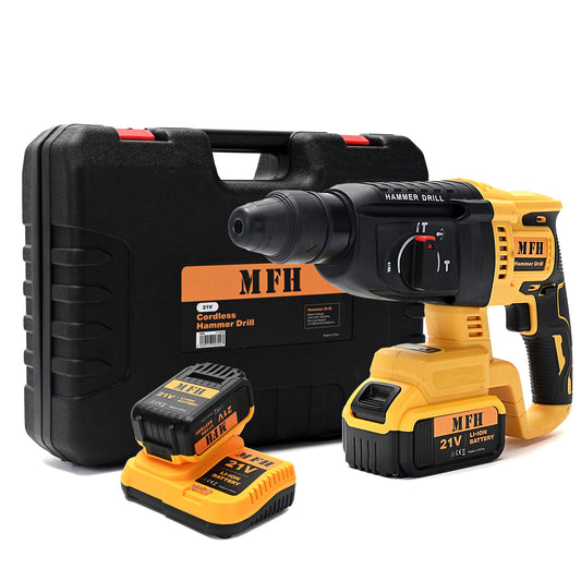 21V Cordless Hammer Drill - Brushless SDS-Plus Rotary Hammer, Two 1500mA Batteries with Charger, 3 Mode, 0-3200 RPM, Includes Chisels & key Chuck for Concrete, Masonry, Wood, Metal