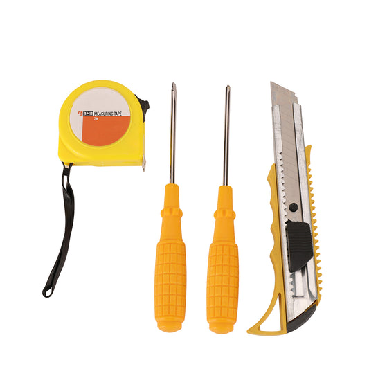 4-Piece Tool Set with 2m Measuring Tape - Includes Phillips Screwdriver, Flathead Screwdriver, Utility Knife and Tape Measure for Repair, Assembly and DIY Tasks