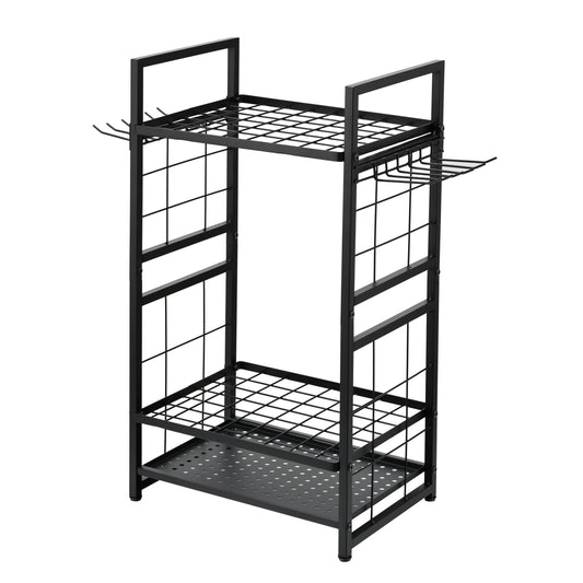 3 Tier Garden Tool Organizer -43x32.5x77cm, Heavy Duty Iron Metal Yard Tool Storage Rack with 48 Slots & 12 Hooks, Freestanding Shovel & Broom Holder Stand for Garage Shed Outdoor Organization