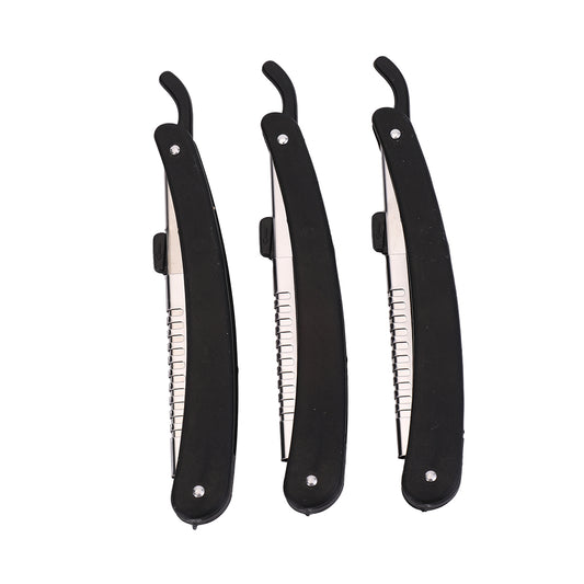 3-Piece Straight Razor Set - Plastic & Iron Hair Styling Shavette with Folding Corrugated Blade - Hair Thinning, Texturizing & Precision Cutting for Professionals & Beginners (Black)