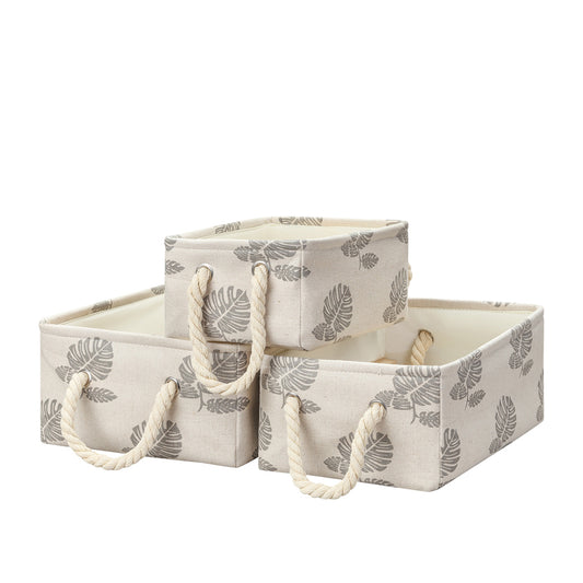 3-Piece Storage Basket Set with Tree Leaf Print - White - Open-Top Fabric Organizer Bins with Rope Handles for Clothes, Toys, Towels, Closets and Shelves