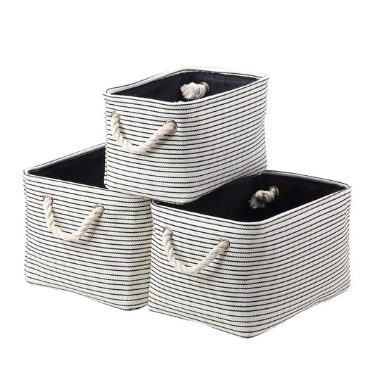 Storage Basket Set - 3 Piece Black and White - Striped Fabric Organizing Bins with Open Top and Rope Handles for Clothes, Toys, Towels, Closets and Shelves