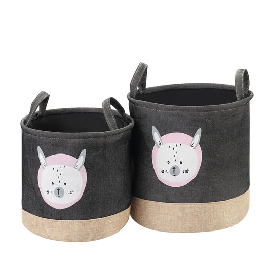 2-Piece Round Laundry Basket Set - Black - Fabric Hampers with Bunny Print, Open Top and Carry Handles for Clothes, Toys, Bedroom, Nursery and Bathroom
