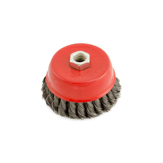Knotted Wire Cup Brush - 3inch - 14mm Mounting Screw for Rust, Paint, Scale and Metal Surface Cleaning