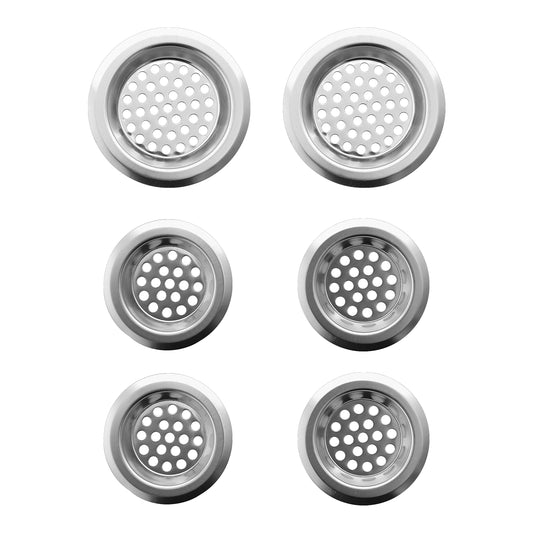 Sink Strainer - 6 Piece Stainless Steel Anti Clogging Strainers for Kitchen Sinks, Bathroom Drains, Showers, and Laundry Use