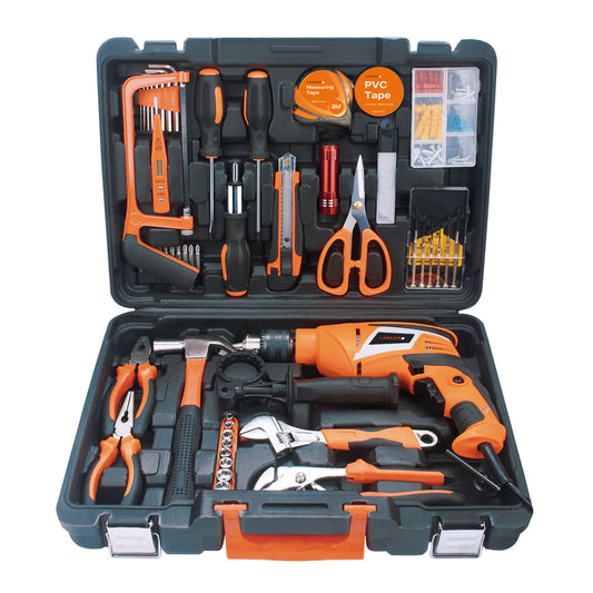 Tool Set with 13mm Impact Drill 810W - 100 Piece Kit with Hammer, Pliers, Wrenches, Screwdrivers and Accessories - Ideal for Home, Office, and Workshop Repairs