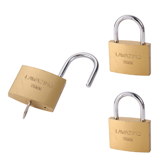 Pack of 3 Brass Padlocks - 75mm, Heavy Duty Keyed Padlock Set with Hardened Steel Shackle, Durable Metal Body, Security Locks for Gates, Lockers, Storage Units, Sheds & Warehouses