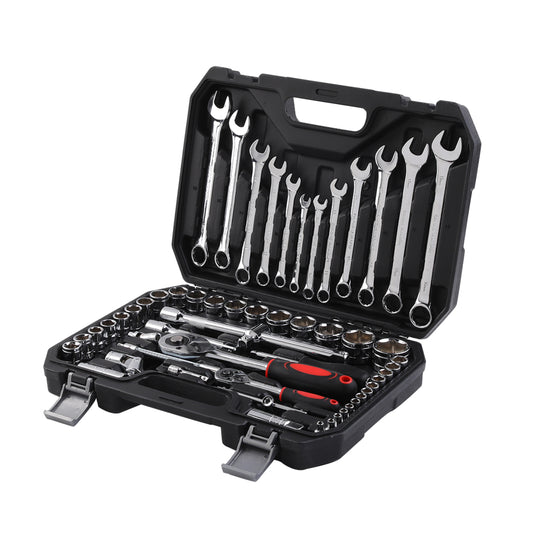 Tools Set with Carry Case - 61 Piece - Socket and Wrench Kit with Ratchet Handle, Combination Wrenches, Hex Sockets & Extension Bar for Home, Garage, & Car Repair