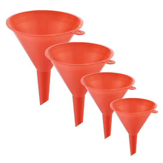 Plastic Funnels - 4 Piece - Multi-Size Plastic Funnels for Oil, Gas, Fluids, Household, Garage, Workshop, Kitchen, and Automotive Use