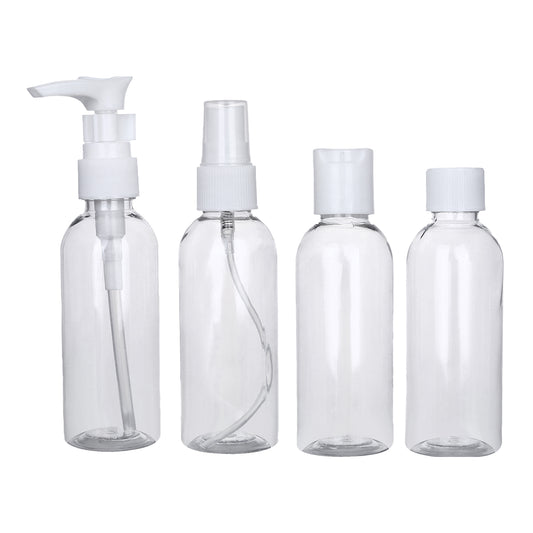 Clear Plastic Empty Bottle - 4 Piece Travel Size Set - Squeezable Dispensers and Spray Bottle for Shampoo, Lotion, Sanitizer