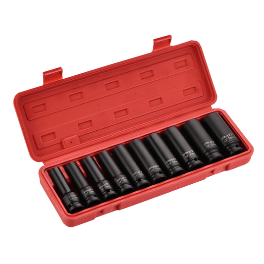 Deep Impact Socket Set -10 Piece, 1/2 Drive- Hexagon Impact Sockets with Heavy-Duty Organizer Case - Professional Socket Set for Auto Repair, Industrial Use, Construction, and DIY Projects