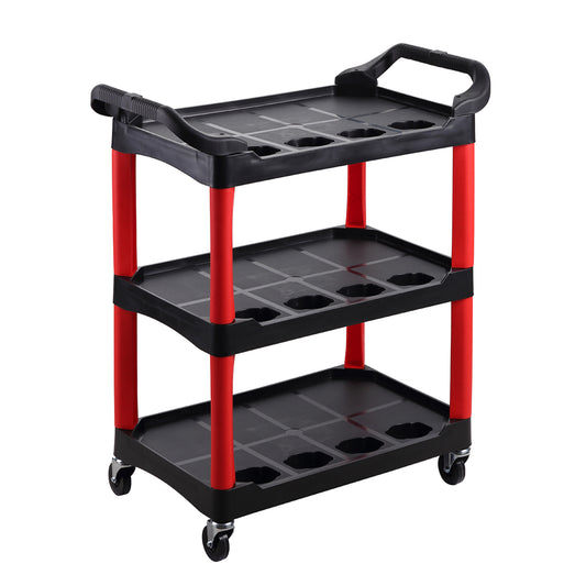 Plastic Tool Cart - 3 Tier Red and Black - Tool Storage Organizer for Garage, Workshop, Warehouse, and Repair Shop Use