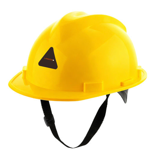 Safety Helmet - Yellow - HDPE Protective Hard Hat with Adjustable Headgear, 4-Point Suspension System, Chin Strap and Short Front Brim for Construction and Industrial Work