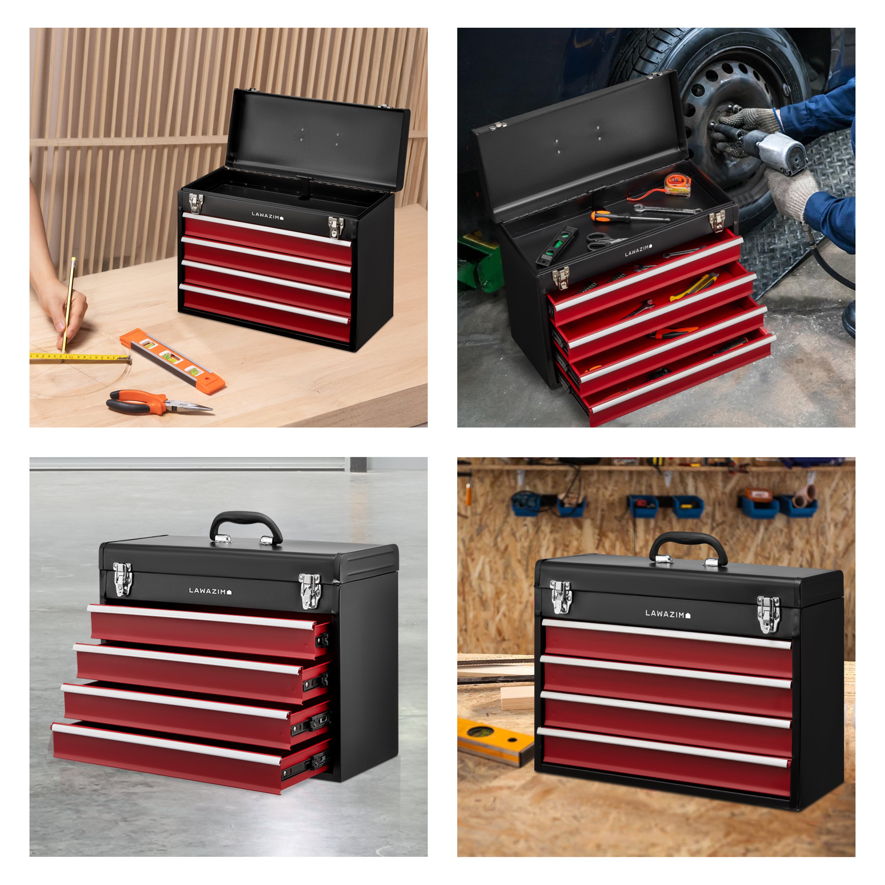 4-Drawers Tool Box with Handle - Tool Storage Box for