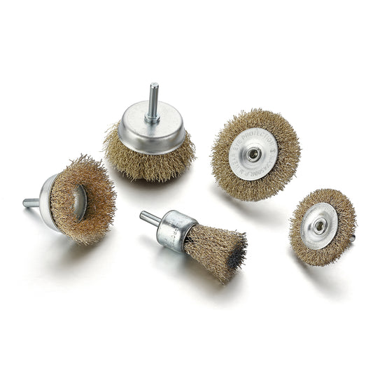 Wire Brush Set -5 Piece- Heavy-Duty Brass Abrasive Deburring Wire Wheel Brushes, Cup Brushes, and End Brush for Metal Cleaning, Rust Removal, and Surface Preparation with Power Tools