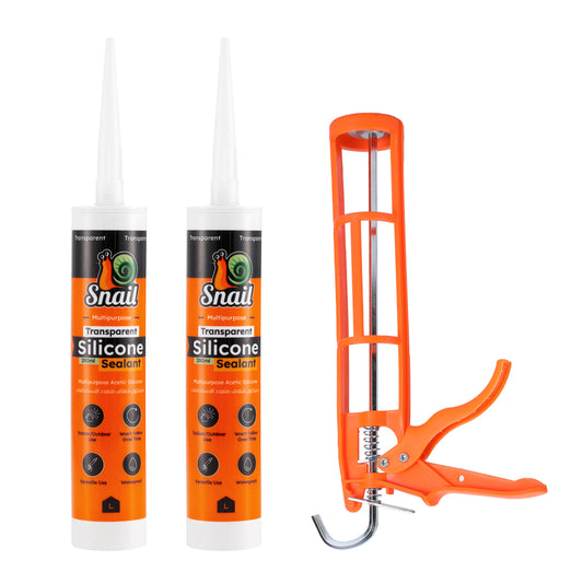 Caulking Gun Set - Orange II with 2 Transparent Silicone Adhesives (280ml Each) for Bathroom, Kitchen, Windows, and Outdoor Sealing